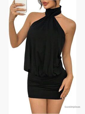 Open Back Halter Neck Ruched Bodycon Mini Dress Polyester